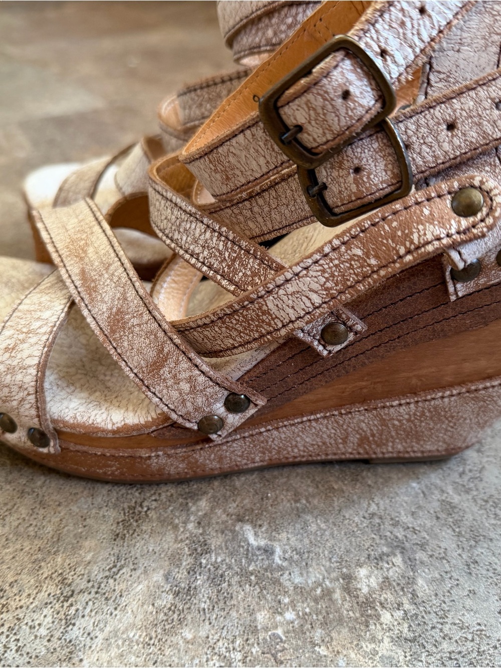 Bed Stu Metallic Taupe Strappy Wedge Sandals